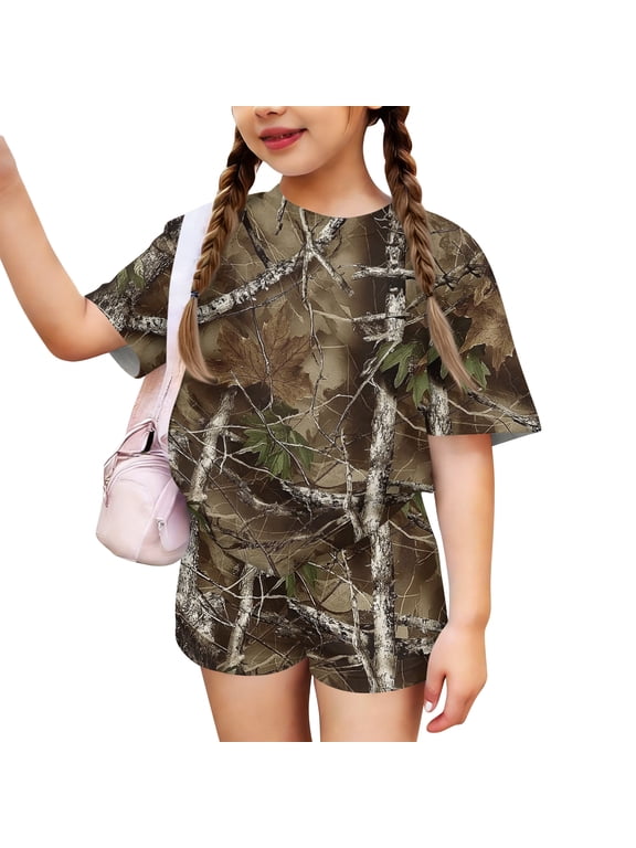 Girls Summer Outfits Camo Casual Maple Leaf Print Set Short Sleeve Crew Neck T Shirt and Elastic Waist Shorts 2 Piece Clothing Sets