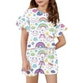 thumbnail image 1 of Grblisyd Girls Summer Outfits Casual Cute Cartoon Print Ruffle Short Sleeve Shirts and Drawstring Elastic Waist Biker Shorts 2 Piece Clothing Sets, 1 of 4