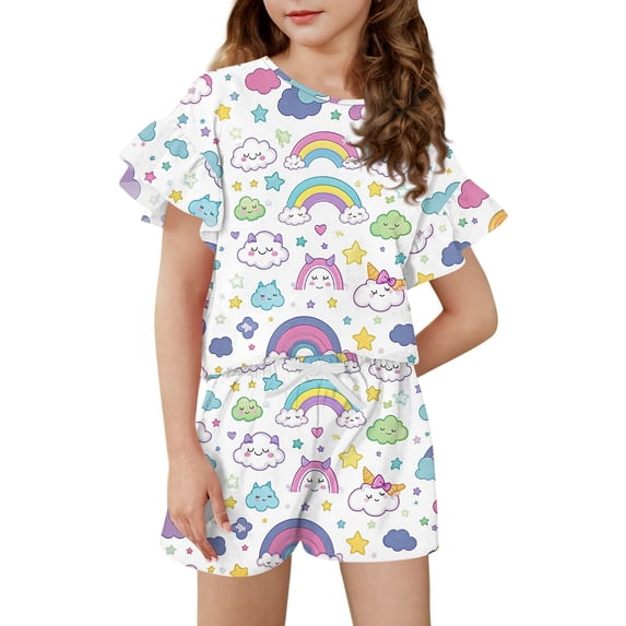 Grblisyd Girls Summer Outfits Casual Cute Cartoon Print Ruffle Short Sleeve Shirts and Drawstring Elastic Waist Biker Shorts 2 Piece Clothing Sets