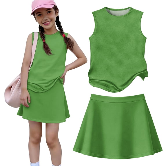 Grblisyd Girls Summer Outfits Solid Color Tennis Skirt Sets Sleeveless Tank Tops and Pleated Skirts 2 Piece Outfit Activewear Clothes 5-12 Years
