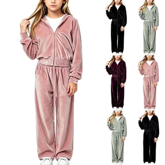 Grblisyd Girls Sweatsuits Set Velour Tracksuit 2 Piece Outfits Zip Up Hoodies and Pants Sportswear Sweatpants Set