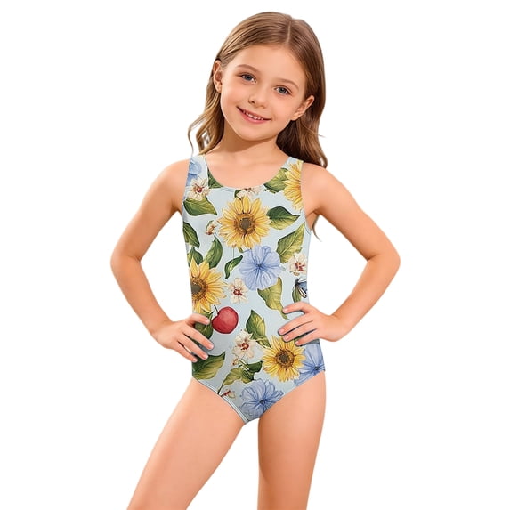 Grblisyd Girls Swimsuits Size 10-12 Tropical Athletic One Piece Swimsuit Racerback Crew Neck Bathing Suit