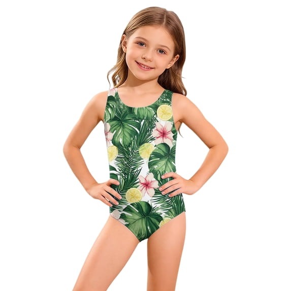 Grblisyd Girls Swimsuits Size 10-12 Tropical Athletic One Piece Swimsuit Racerback Crew Neck Bathing Suit