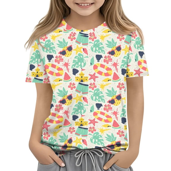 Grblisyd Girls T Shirts Kids Summer Cute Cartoon Print Tops Crewneck Short Sleeve Graphic Tees 10-12 Years