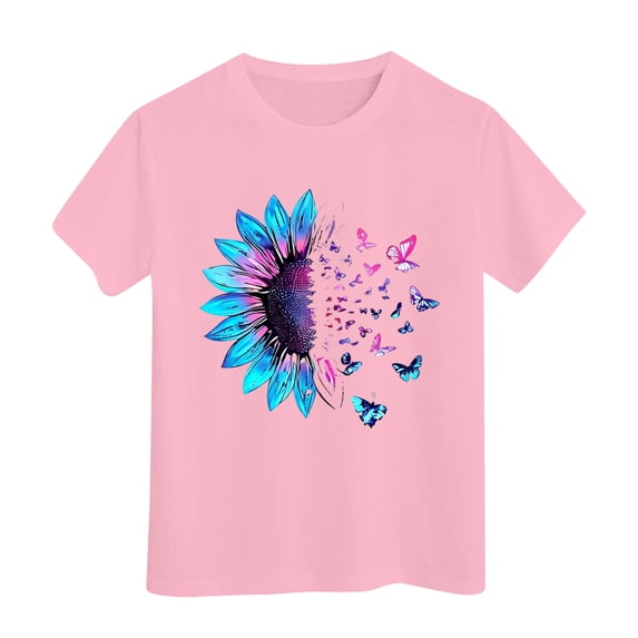 Grblisyd Girls T Shirts Kids Summer Sunflower Printed Short Sleeve Graphic Tops Loose Casual Crewneck Butterfly Tees 7-8 Years