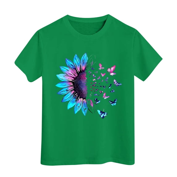 Grblisyd Girls T Shirts Kids Summer Sunflower Printed Short Sleeve Graphic Tops Loose Casual Crewneck Butterfly Tees 7-8 Years