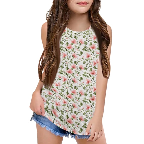 Grblisyd Girls Tank Tops Sleeveless Floral Print Shirts Basic Crew Neck Tees Summer Casual Top for Kids 7-8 Years