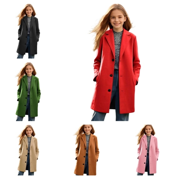 Grblisyd Girls Trench Coat Classic Single Breasted Lapel Coats Button Down Jacket Soft Warm Cozy with Pockets Kids Youth Daily School Outdoor Fall Winter Fashion