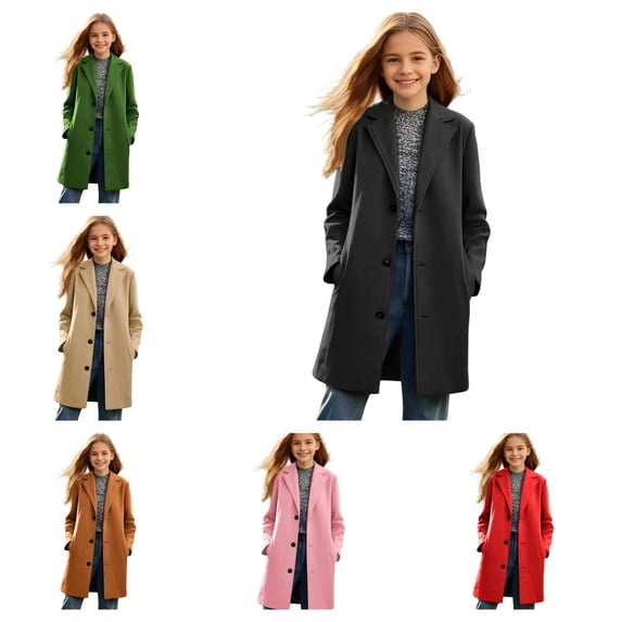 Grblisyd Girls Trench Coat Classic Single Breasted Lapel Coats Button Down Jacket Soft Warm Cozy with Pockets Kids Youth Daily School Outdoor Fall Winter Fashion