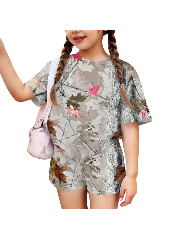 Girls Two Piece Sets Camo Maple Leaf Print Clothes Loose Short Sleeve Crew Neck Tshirts and Elastic Waist Shorts Casual Summer Outfits Size 7-8