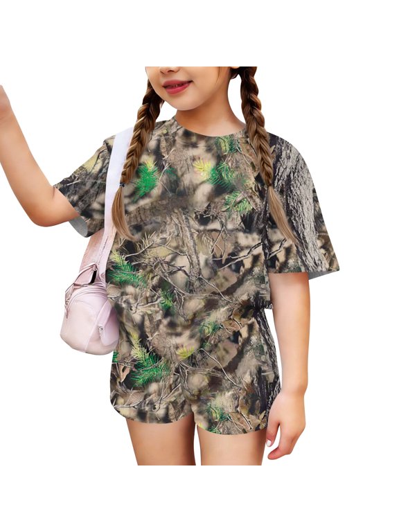 Girls Two Piece Sets Camo Maple Leaf Print Clothes Loose Short Sleeve Crew Neck Tshirts and Elastic Waist Shorts Casual Summer Outfits Size 7-8