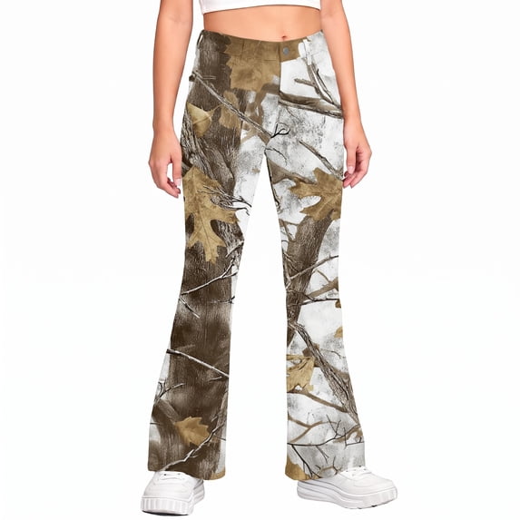 Grblisyd Girls Uniform Pants Kids Stretchy Elastic Waist Camo Maple Leaf Print Flare Pant with Pockets for 5-15 Years