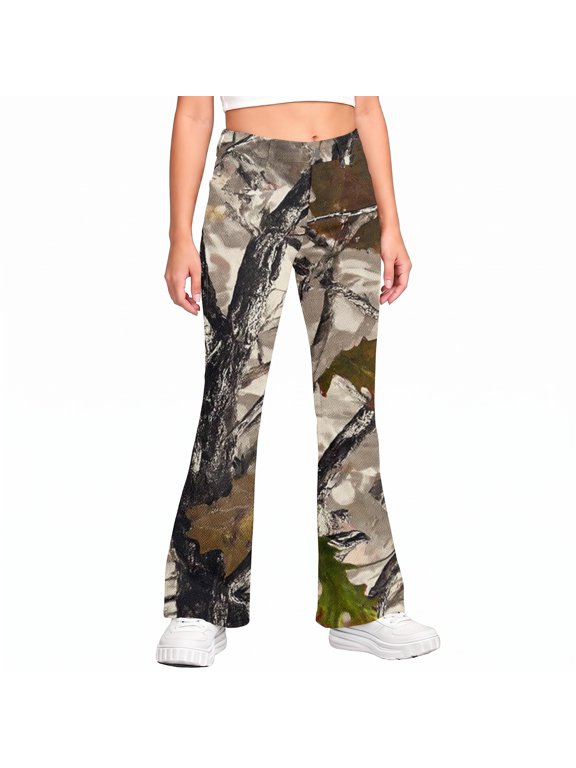 Girls Uniform Pants Kids Stretchy Elastic Waist Camo Maple Leaf Print Flare Pant with Pockets for 5-15 Years