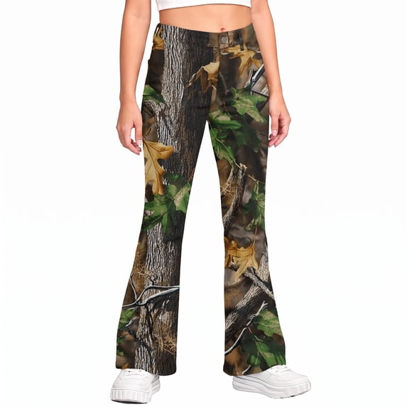 Grblisyd Girls Uniform Pants Kids Stretchy Elastic Waist Camo Maple Leaf Print Flare Pant with Pockets for 5-15 Years
