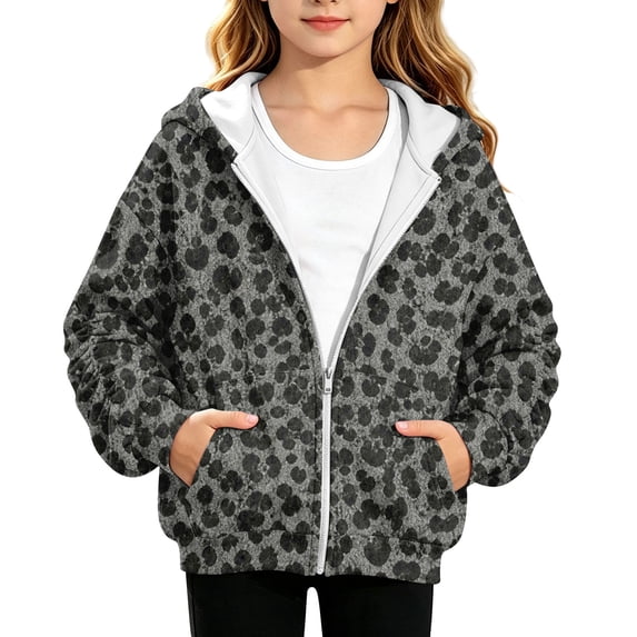 Grblisyd Girls Zip Up Hoodies Teens Long Sleeve Cute Leopard Print Hood Outerwear Casual Fall Clothes
