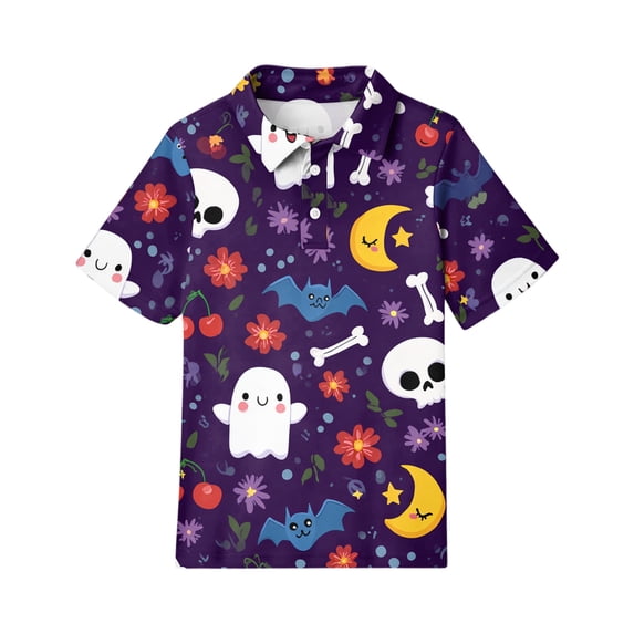 Grblisyd Halloween Boys Girls' Short Sleeve Polo Shirt Cute Pumpkin Ghost Print Button Closure Casual Top