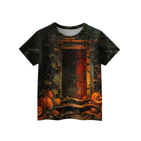 Grblisyd Halloween Boys Girls Short Sleeve Shirts Kids Crewneck T-Shirts Summer Pumpkin Ghost Print Tops Graphic Tees 5-14 Years