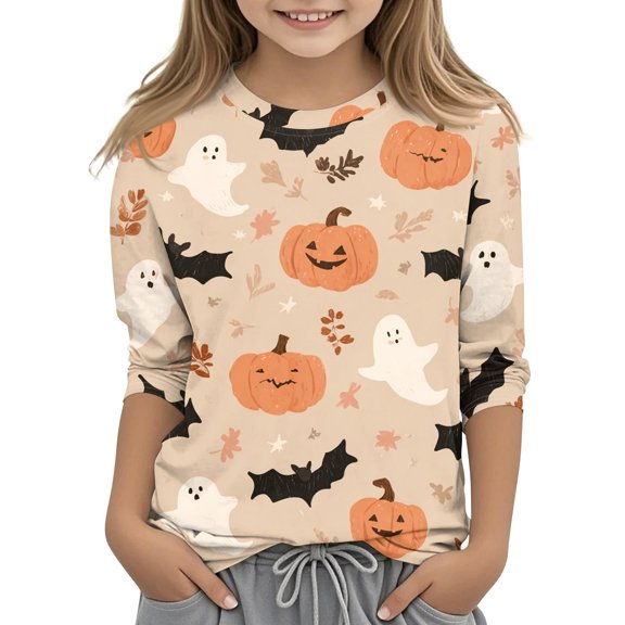 Grblisyd Halloween Costumes for Girls Retro Witch Cat Bats Graphic Tops Lightweight 3/4 Length Sleeve Tee Shirts Fall Holiday Tops Orange 140