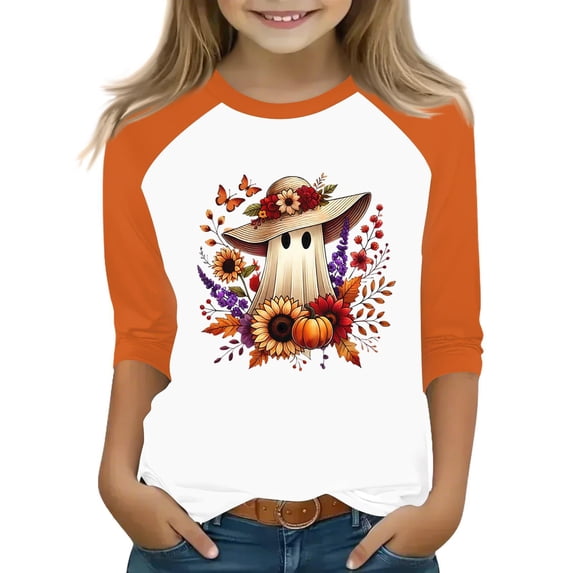 Grblisyd Halloween Girls 3/4 Sleeve T Shirts Kids Fahion Summer Fall Tops Caual Crewneck Ghost Print Tees 10-12 Years
