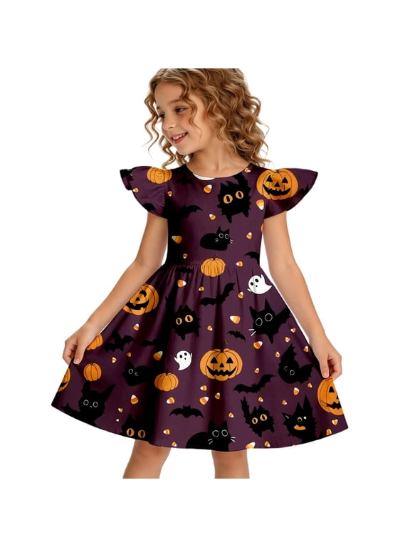 Halloween Girls Dresses Size 10-12 Summer Cute Pumpkin Ghost Print A Line Dress Flutter Sleeveless Crew Neck Girl Fashion Casual Dresses