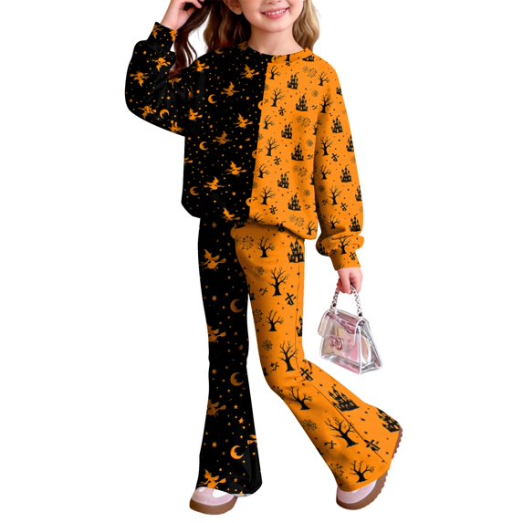 Grblisyd Halloween Girls Fall Outfits Long Sleeve Pumpkin Ghost Print Top and Flared Leg Pants 2 Piece Outfit Set