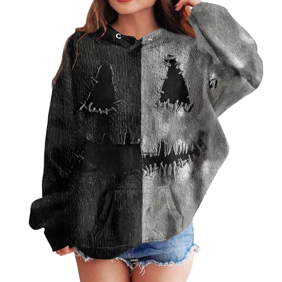 Grblisyd Halloween Girls Oversized Hoodies Patchwork Print Pullover Hooded Sweatshirts Casual Y2K Outfits Fall Winter Clothes
