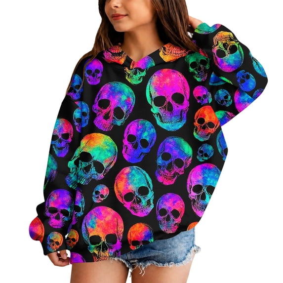 Grblisyd Halloween Girls Oversized Hoodies Skeleton Floral Print Pullover Sweatshirts Kids Fashion Casual Outfits Fall Winter Clothes