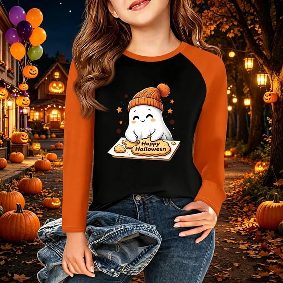 Grblisyd Halloween Girls Raglan Long Sleeve T Shirts Kids Fall Tops Crewneck Ghost Print Tees 10-12Y