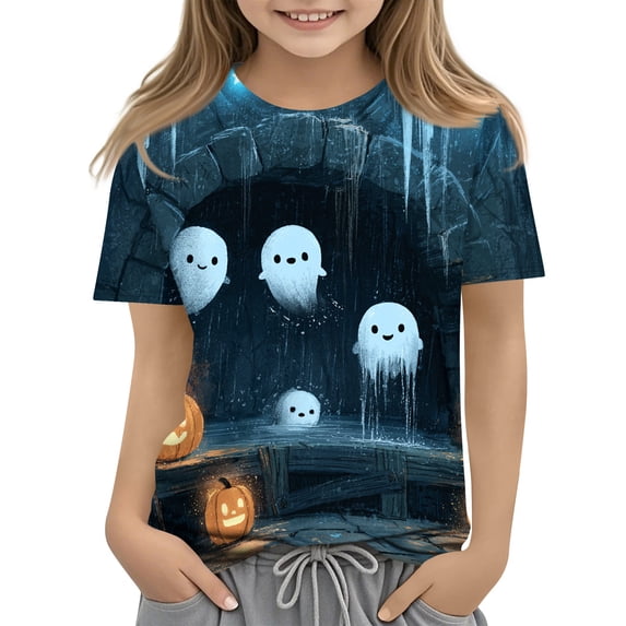 Grblisyd Halloween Girls Shirts Boys Pumpkin Ghost Print Summer Tops Short Sleeve Crewneck Basic Graphic Tees 5-14 Years