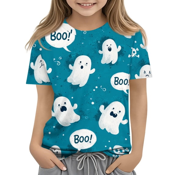 Grblisyd Halloween Girls Shirts Boys Pumpkin Ghost Print Summer Tops Short Sleeve Crewneck Basic Graphic Tees 5-14 Years