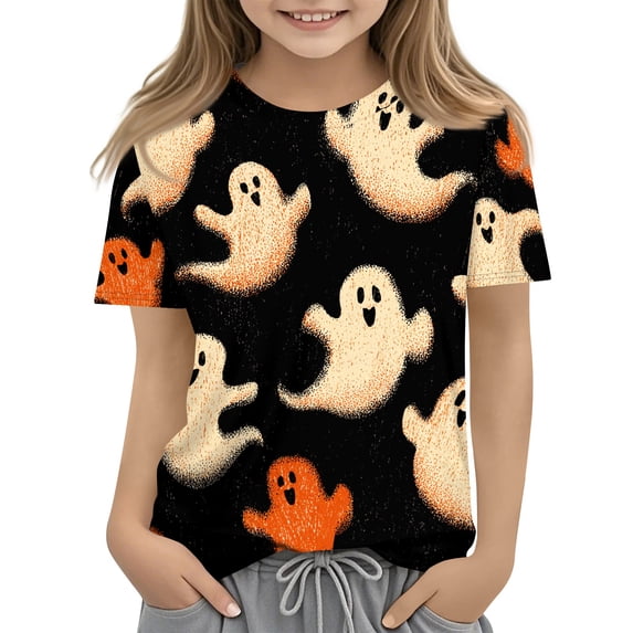 Grblisyd Halloween Girls Shirts Boys Pumpkin Ghost Print Summer Tops Short Sleeve Crewneck Basic Graphic Tees 5-14 Years