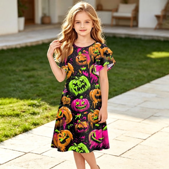 Grblisyd Halloween Girls Summer Dress Fashion Ruffle Short Sleeve Dresses Cute Ghost Pumpkin Print Crew Neck A-Line Dress