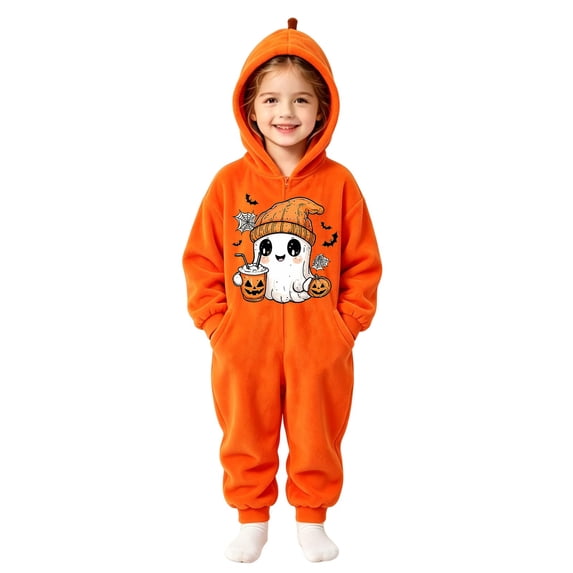 Grblisyd Halloween Pumpkin Printed One-Piece Jumpsuit for Kids Casual Hooded Zipper Onesie Loungewear