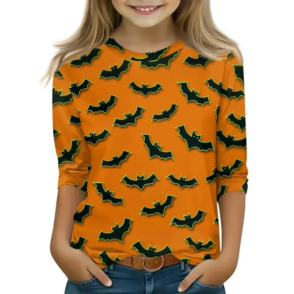 Grblisyd Halloween Shirt Girls Cute Witch Cat Bats Graphic Tops Dressy Casual 3/4 Sleeve Tee Shirts Fall Holiday Tunic Blouses Ginger 140