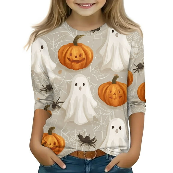 Grblisyd Halloween Shirt Girls Funny Ghost Pumpkin Graphic Tops Loose Fit 3/4 Sleeve Tee Shirts Spooky Season Fall Clothes Light Gray 150