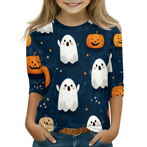 Grblisyd Halloween Shirt Girls Funny Pumpkin Cat Pattern Tunic Tops Lightweight 3/4 Length Sleeve T-Shirts Spooky Season Fall Clothes Navy 120