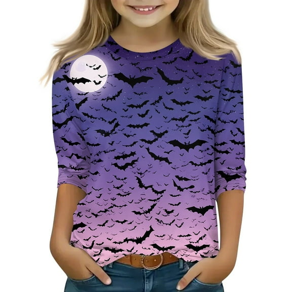Grblisyd Halloween Shirt Girls Funny Witch Cat Bats Graphic Tops Dressy Casual 3/4 Length Sleeve Tee Shirts Spooky Season Fall Clothes Purple 160