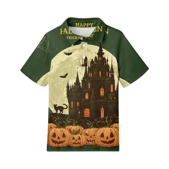 Grblisyd Halloween Shirts for Girls Boys Casual Polo Shirts ShortSleeve with Button for Kids Cute Pumpkin Ghost Print Tops