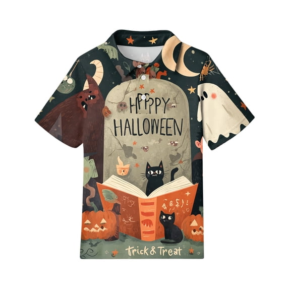 Grblisyd Halloween Shirts for Girls Boys Casual Polo Shirts ShortSleeve with Button for Kids Cute Pumpkin Ghost Print Tops