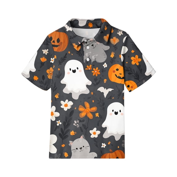 Grblisyd Halloween Shirts for Girls Boys Casual Polo Shirts ShortSleeve with Button for Kids Cute Pumpkin Ghost Print Tops