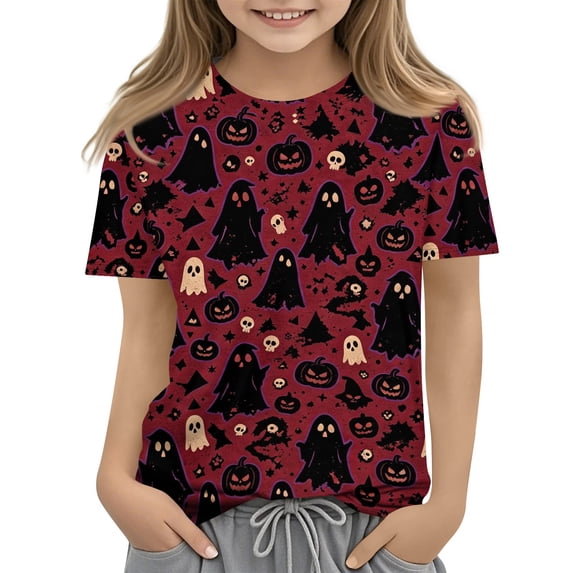 Grblisyd Halloween Shirts for Girls Boys Pumpkin Ghost Graphic Tshirts Casual Crew Neck Short Sleeve Tee 2-12 Years
