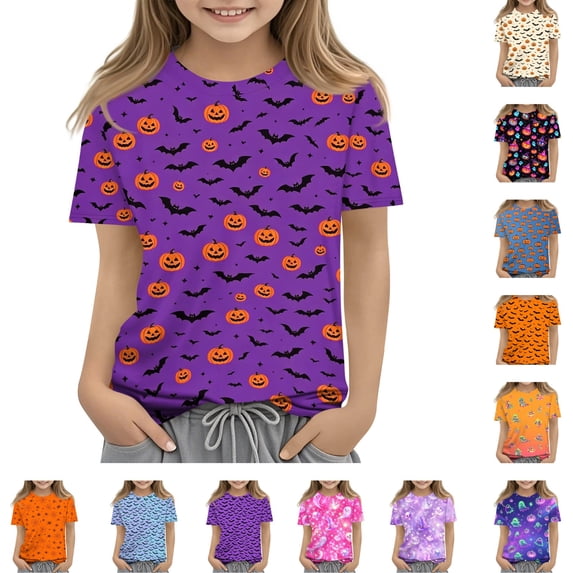 Grblisyd Halloween Shirts for Kids Pumpkin Face Bat Graphic Tshirt Boys Girls Short Sleeve Crew Neck Tops 2-7 Years