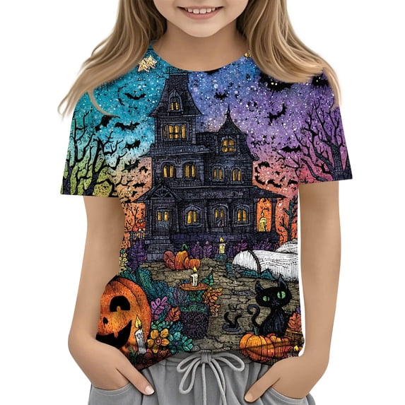 Grblisyd Halloween Shirts for Kids girls Pumpkin Ghost Print Top Casual Short Sleeve Crew Neck Tshirt Clothes 2-7 Years
