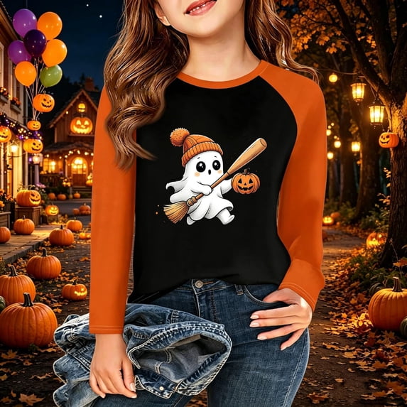 Grblisyd Halloween Sweatshirt Girls Boys Fancy Ghost Printed Pullover Raglan Long Sleeve Crewneck Tops 9-10 Years