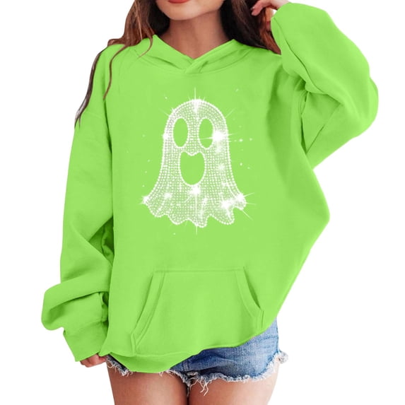 Grblisyd Hoodies for Teen Girls Halloween Cute Ghost Graphic Hooded Sweatshirts Long Sleeve Oversized Preppy Pullover Tops