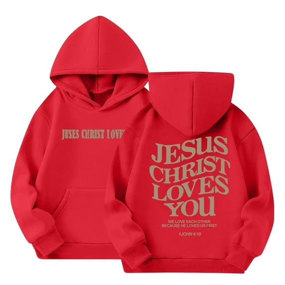 Grblisyd JESUS CHRIST LOVES YOU Hoodie for Teen Girls Trendy Christian Hoodies Jesus Saves Hoodie Graphic Hoodies Long Sleeve Hoodies for Teen Girls Red 150