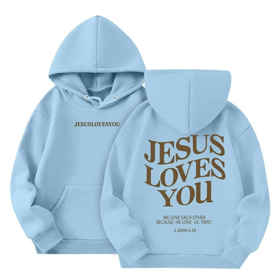 Grblisyd Jesus Hoodies for Girls Long Sleeve Jesus Loves You Cute Graphic Hoodie Sweatshirt Drawstring Pullover 10-12 Kids Clothes Blue 160