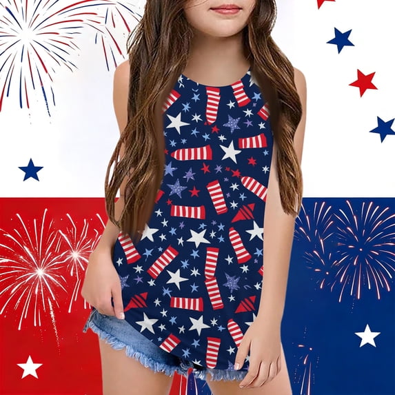 Grblisyd July 4th Girls Tank Tops Size 10-12 Patriotic Sleeveless Crew Neck Shirt American Flag Tee Shirt