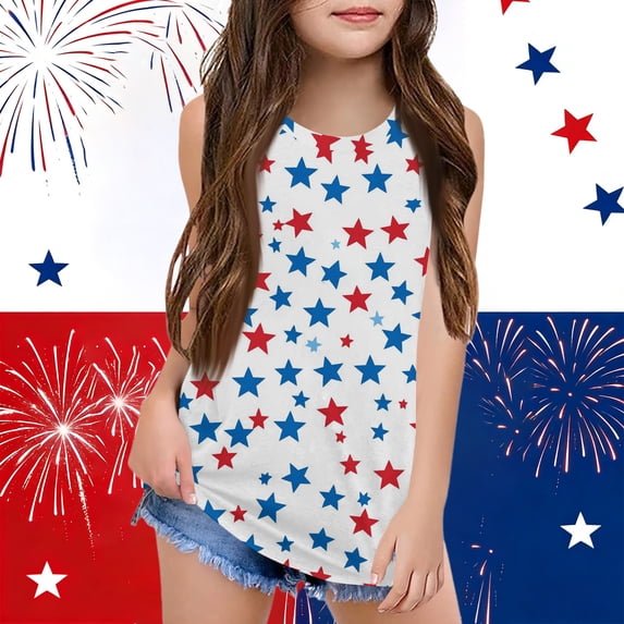 Grblisyd July 4th Girls Tank Tops Size 10-12 Patriotic Sleeveless Crew Neck Shirt American Flag Tee Shirt
