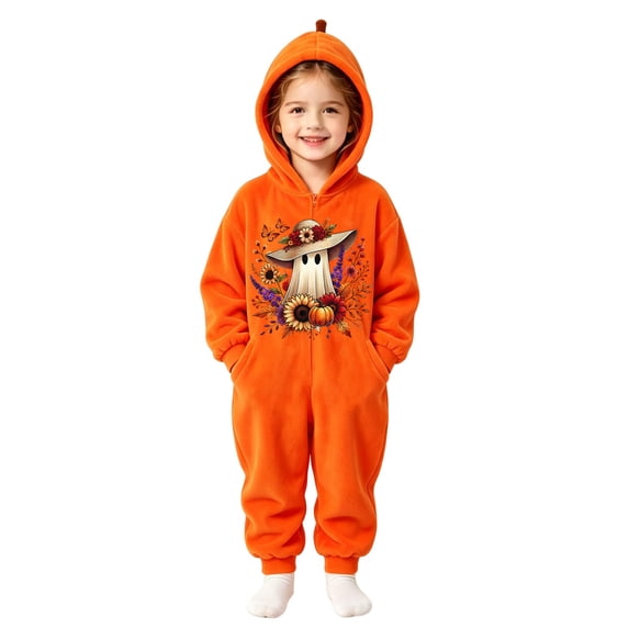 Grblisyd Kids Soft Flannel Onesie Sleepwear Hooded Full Body Halloween Sleep Jumpsuit Cute Ghost Print Loungewear for Boys Girls